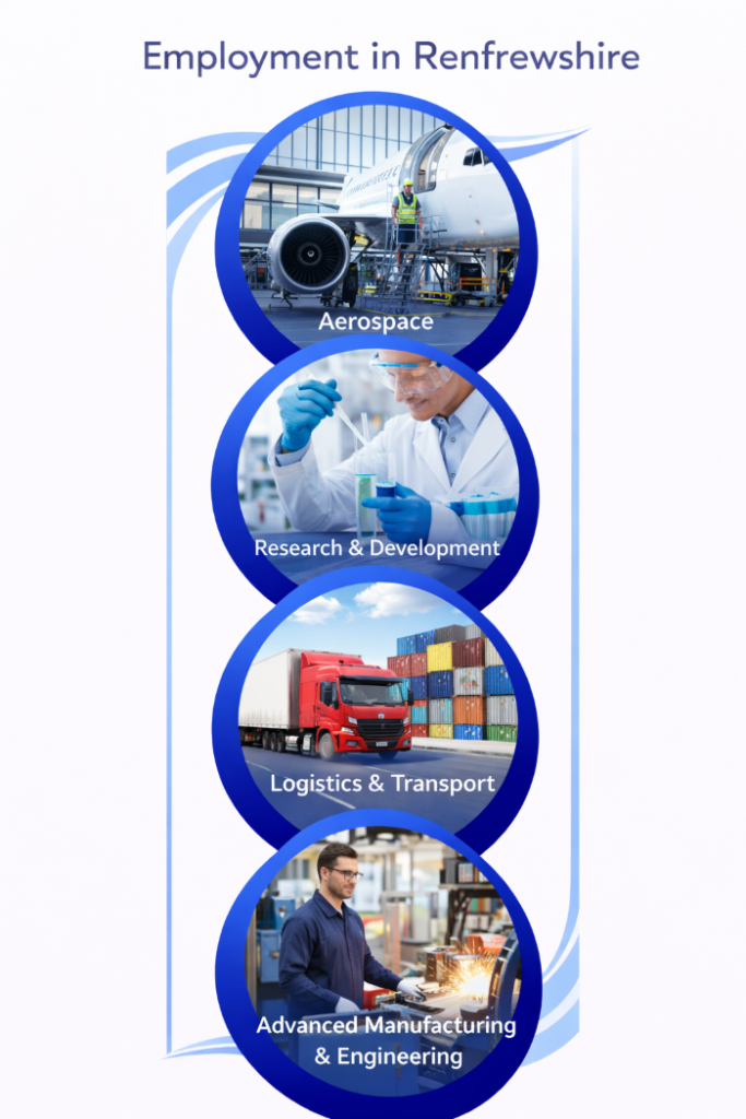 Vertical infographic titled “Employment in Renfrewshire” showing four circular photographs stacked in a single column. The top image shows an aerospace engineer working on a passenger aircraft inside a hangar. The second image shows a scientist conducting experiments in a laboratory, representing research and development. The third image shows a lorry driving past stacked shipping containers, representing logistics and transport. The bottom image shows a skilled worker operating machinery in an industrial setting, representing advanced manufacturing and engineering. All images are enclosed within blue circular borders on a white background, with no additional colours or decorative graphics.