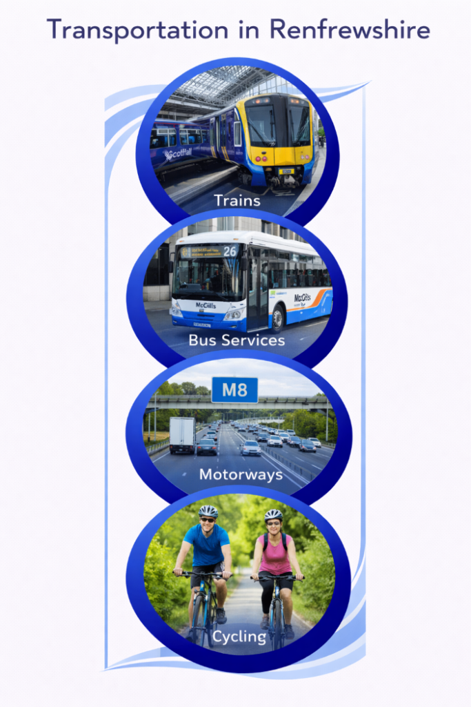 Vertical infographic titled “Transportation in Renfrewshire” showing four circular photographs stacked in a single column. The top image shows a ScotRail train at a covered station platform, representing rail services. The second image shows a McGill’s bus operating in an urban street, representing local bus services. The third image shows traffic on the M8 motorway with overhead signage. The bottom image shows two people cycling along a dedicated path through green surroundings. All images are enclosed within blue circular borders on a white background, with no additional colours or decorative graphics.