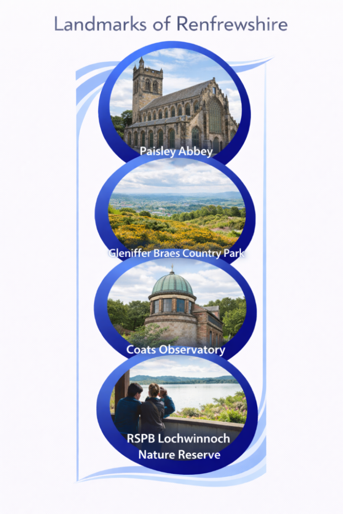 Vertical infographic titled “Landmarks of Renfrewshire” showing four circular photographs stacked in a single column. The top image shows Paisley Abbey, a historic stone church with a tower and arched windows. The second image shows Gleniffer Braes Country Park with rolling hills, open countryside and views across the surrounding landscape. The third image shows Coats Observatory, a domed historic building set among trees. The bottom image shows RSPB Lochwinnoch Nature Reserve, with visitors looking out across a loch and wetland landscape. All images are enclosed within blue circular borders on a white background, with no additional colours or decorative graphics.