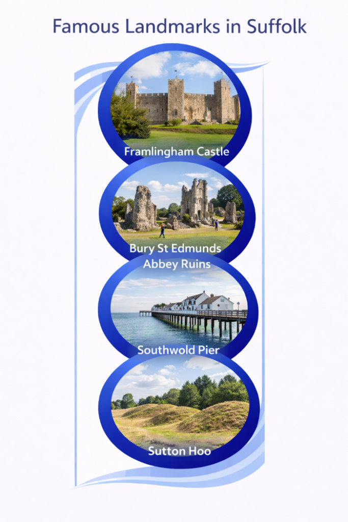 Vertical infographic titled “Famous Landmarks in Suffolk” showing four circular photographs stacked in a single column. The top image shows Framlingham Castle, a large medieval stone fortress set on open green land. The second image shows the ruins of Bury St Edmunds Abbey with stone arches and visitors walking through the grounds. The third image shows Southwold Pier extending over the sea with white buildings along the pier. The bottom image shows the grassy burial mounds at Sutton Hoo surrounded by trees and open countryside. All images are enclosed within blue circular borders on a white background, with no additional colours or decorative graphics.