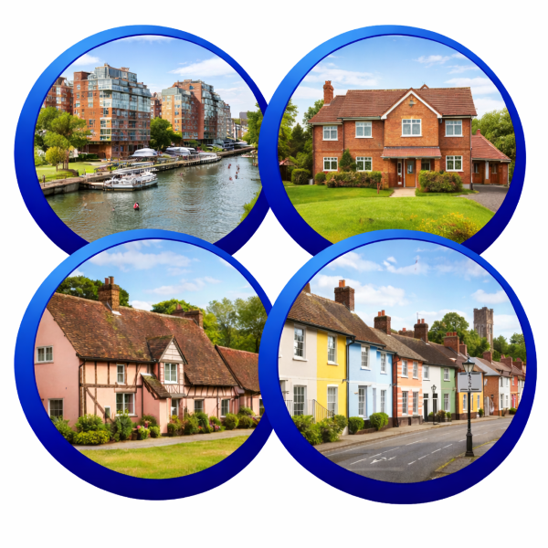 Square image showing four circular photographs representing different types of housing in Suffolk. The top left image shows modern riverside flats with balconies overlooking a marina. The top right image shows a detached red brick family home with a front garden. The bottom left image shows a traditional timber framed cottage with a pitched roof in a rural setting. The bottom right image shows a row of colourful terraced houses along a village street, with a church tower visible in the background. All images are enclosed within blue circular borders on a white background.