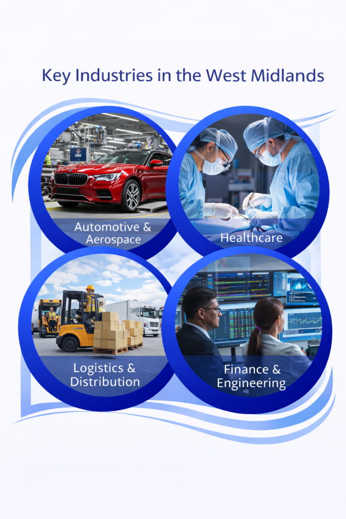 Infographic showing key industries in the West Midlands including automotive and aerospace manufacturing, healthcare services, logistics and distribution, and finance and engineering sectors.
