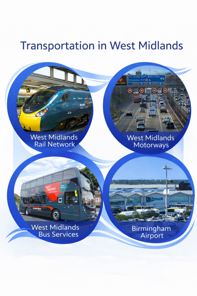 Infographic titled Transportation in West Midlands featuring four circular images showing West Midlands rail network, M6 motorways, West Midlands bus services, and Birmingham Airport on a blue and white background.