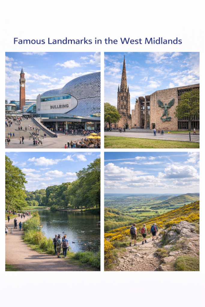 Collage of famous West Midlands landmarks including Birmingham Bullring and Rotunda, Coventry Cathedral, Sutton Park lake, and the Shropshire Hills landscape under blue skies.