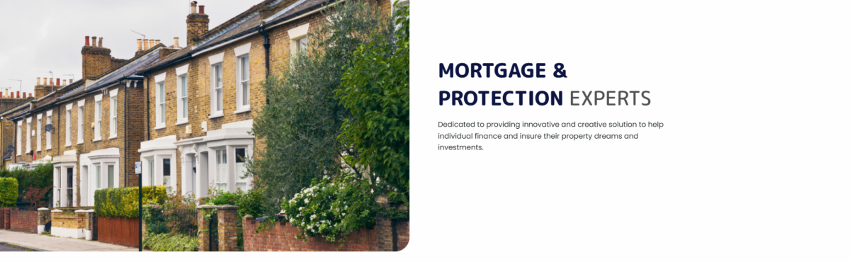 Website banner showing a row of brick townhouses on the left and the headline “Mortgage & Protection Experts” with supporting text on the right.