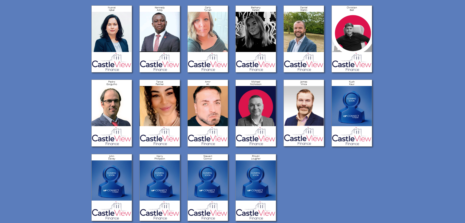 Grid of 16 Castle View Finance profile cards on a blue background, with 11 staff headshots and 5 “coming soon” placeholders, each showing a name at the top and the Castle View Finance logo at the bottom.
