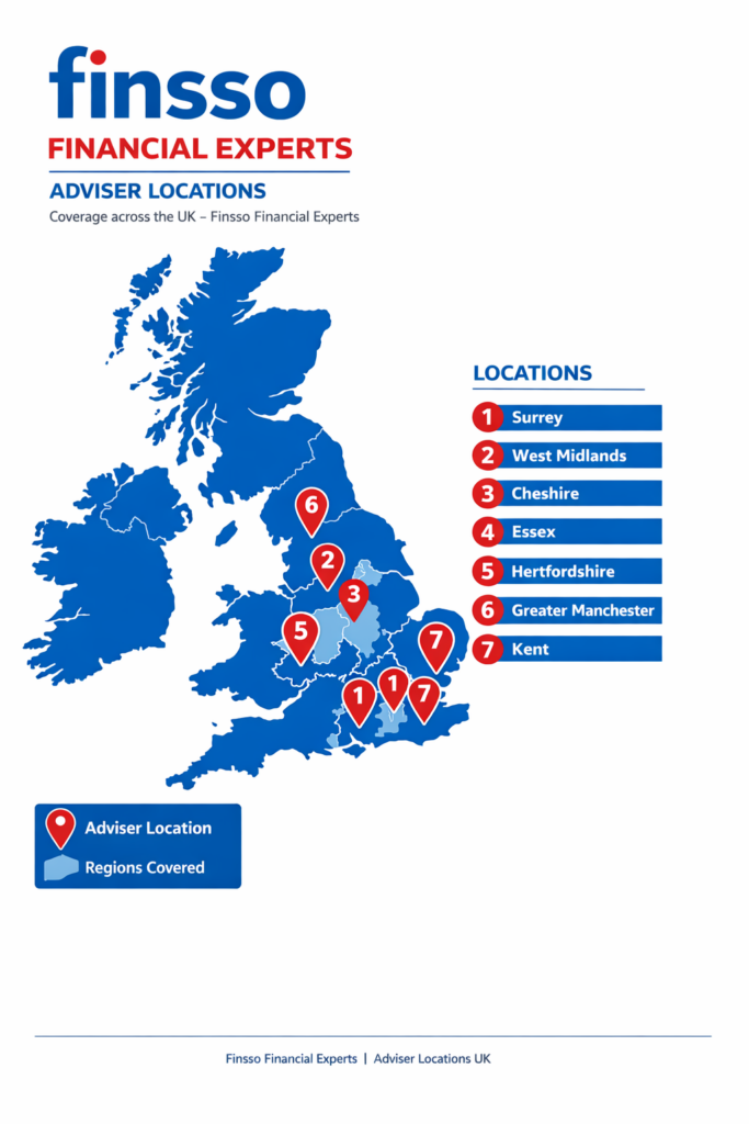 Branded adviser locations infographic for Finsso Financial Experts, showing a blue map of the UK with red numbered location pins and a matching locations list for Surrey, West Midlands, Cheshire, Essex, Hertfordshire, Greater Manchester, and Kent.