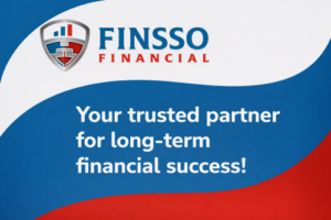 Finsso Financial Experts branded blog banner with the company logo at the top, flowing blue, white and red background shapes, and the message: “Your trusted partner for long-term financial success!”