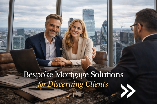 Luxury mortgage consultation scene with a professionally dressed couple meeting an adviser at a marble desk, set against a panoramic London skyline with the Gherkin visible, and the strapline “Bespoke Mortgage Solutions for Discerning Clients”. HNW Mortgage Brokers