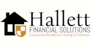 Hallett Financial Solutions logo featuring a black house icon with an orange shield, alongside the text “Hallett Financial Solutions” and the tagline “Commercial/Residential Funding & Protection.”