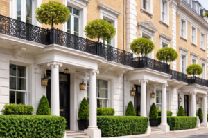 Elegant row of upscale cream-brick townhouses with white columns, black front doors, ornate wrought-iron balconies, trimmed hedges, and potted topiary trees, photographed in bright daylight to suggest wealth and prestige. High-Net-Worth Mortgage Brokers