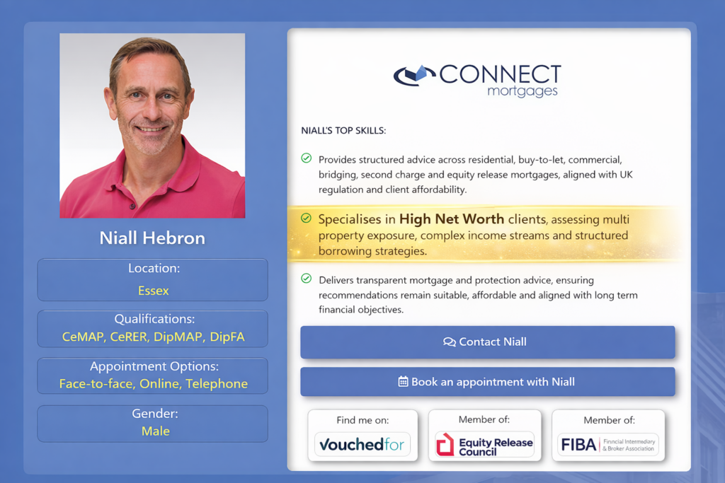 Blue promotional profile graphic for mortgage adviser Niall Hebron, featuring his headshot, Essex location, qualifications, appointment options, contact buttons, broker membership logos, and a gold-highlighted statement emphasising his high-net-worth client expertise.