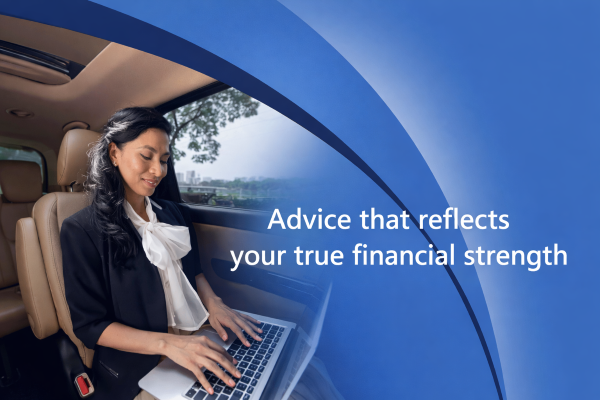 Promotional banner showing a professional woman working on a laptop in the back seat of a luxury car, with curved blue brand graphics and the text: “Advice that reflects your true financial strength”. High-Net-Worth Mortgages UK