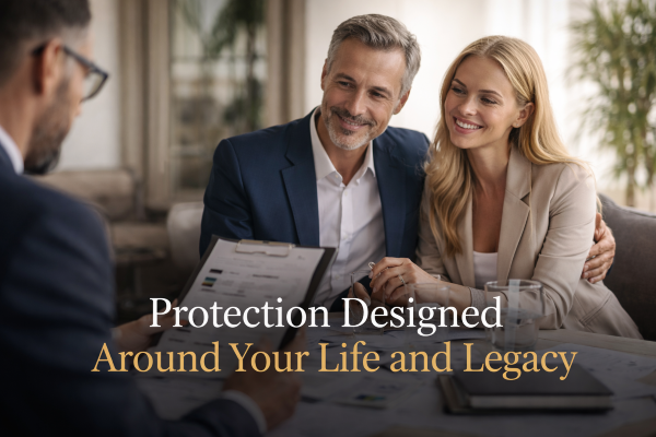 Affluent couple meeting with a financial adviser in an elegant office, with the message “Protection Designed Around Your Life and Legacy” displayed across the lower part of the image. High-Net-Worth Protection Services