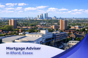 A bright, summer aerial view of Ilford, Essex featuring a mix of residential buildings, modern developments, and distant London skyscrapers under a blue sky with natural, realistic clouds. The image includes a clean, curved banner design at the bottom with the title “Mortgage Adviser in Ilford, Essex” in bold, professional typography.
