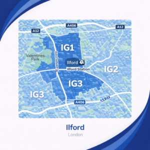 A square, blue-themed postcode map of Ilford in London, styled with curved branded borders. The map highlights postcode areas IG1, IG2, and IG3. Major roads such as the A12, A406, A118, and A1400 are labelled. Ilford town centre and Ilford Station are marked near the middle, with Valentines Park shown in green to the west. The design uses layered blue tones with white text and clean boundary lines for clarity.