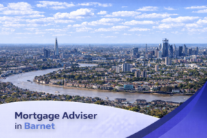 A bright, summer aerial view of London’s skyline with the River Thames winding through the city, featuring a clean promotional banner at the bottom that reads “Mortgage Adviser in Barnet” in bold blue text, set against a soft white and blue curved design under a sky filled with realistic, fluffy clouds.