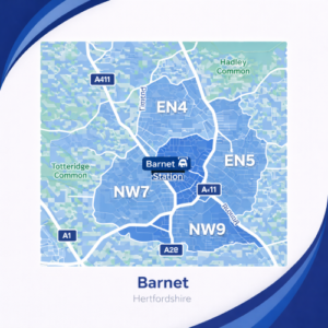 A square, blue-themed postcode map of Barnet in Hertfordshire, styled with curved branded borders. The map highlights postcode areas EN4, EN5, NW7, and NW9. Major roads such as the A1, A411, A1000, and A28 are labelled. Barnet town centre and station are marked near the middle, with Hadley Common and Totteridge Common shown in green to the north and west. The design uses layered blue tones with white text and clean boundary lines for clarity.