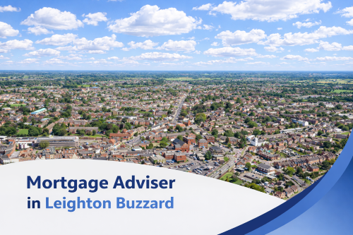 Mortgage adviser in Leighton Buzzard promotional banner featuring a bright summer aerial view of the town with residential streets, green countryside, and realistic clouds, with a curved blue and white design overlay at the bottom.