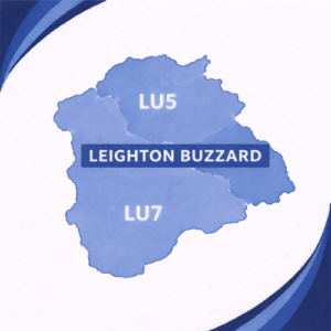 map in blue tones showing Leighton Buzzard with postcode areas LU5 and LU7. The two postcode districts are separated by a white internal boundary and outlined with a darker blue outer edge, each labelled in white text. The words “Leighton Buzzard” appear prominently across the centre of the map. The background features curved layered blue branding elements in the corners, with no surrounding towns or additional geographic detail shown.