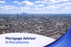 Mortgage adviser in Marylebone promotional banner featuring a bright summer aerial view of dense urban streets, classic London architecture, and the distant skyline under a clear blue sky with realistic scattered clouds, complemented by a clean curved blue and white graphic overlay at the bottom.