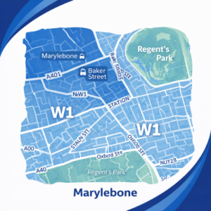 A square, blue-themed postcode map of Marylebone in London, styled with curved branded borders. The map highlights postcode areas W1 and NW1. Major roads such as Baker Street, Oxford Street, and the A40 are labelled. Marylebone and Baker Street stations are marked near the centre, while Regent’s Park appears in green to the north and south edges. The design uses layered blue tones with white text and clean boundary lines for clarity.