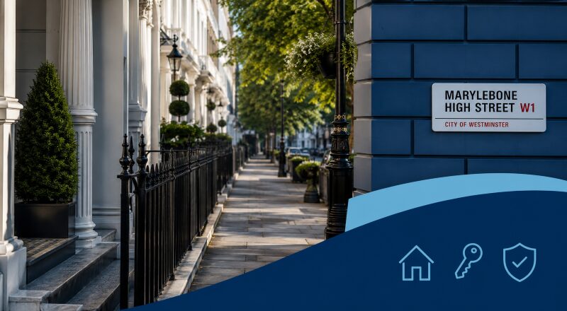 Mortgage Adviser in Marylebone hero image showing an elegant Marylebone street scene with classic London townhouses, a Marylebone High Street sign, and blue property-themed icons in the foreground.
