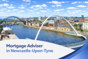 Bright summer aerial view of Newcastle-Upon-Tyne featuring the Tyne Bridge and Gateshead Millennium Bridge over the River Tyne, with a curved white and blue banner at the bottom displaying the text “Mortgage Adviser in Newcastle-Upon-Tyne”.