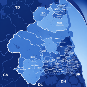 A stylised map of North East England showing NE postcode districts, redesigned in dark and light blue branded colours with white boundary lines and labels, and surrounding postcode areas including TD, CA, DL, DH and SR. Mortgage Adviser in Newcastle-Upon-Tyne