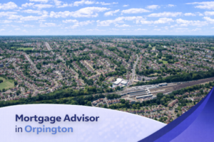 Bright summer aerial view of Orpington showing suburban housing, tree-lined streets, and a railway line under a clear blue sky with realistic clouds, featuring a clean curved banner at the bottom with the text “Mortgage Adviser in Orpington.”
