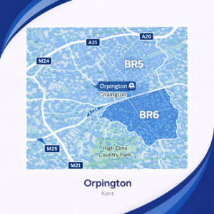 A square, blue-themed postcode map of Orpington in Kent, styled with curved branded borders. The map highlights postcode areas BR5 and BR6. Major roads such as the A20, A21, A224, and M25 are labelled. Orpington town centre and station are marked near the middle, with High Elms Country Park shown in green to the south. The design uses layered blue tones with white text and clean boundary lines for clarity.