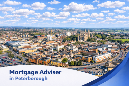 A bright summer aerial view of Peterborough showing the city centre, surrounding residential areas and Peterborough Cathedral under a blue sky with natural scattered clouds. A curved white and blue banner at the bottom displays the text “Mortgage Adviser in Peterborough”.