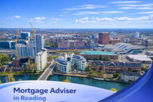 Bright summer aerial view of Reading town centre featuring the River Thames, modern office buildings, residential apartments and surrounding greenery under a clear blue sky, with a white and blue curved banner displaying the text “Mortgage Adviser in Reading”.