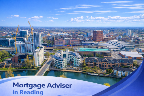 Bright summer aerial view of Reading town centre featuring the River Thames, modern office buildings, residential apartments and surrounding greenery under a clear blue sky, with a white and blue curved banner displaying the text “Mortgage Adviser in Reading”.