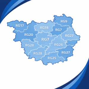Square 500 by 500 pixel branded map of Berkshire in blue tones, showing RG postcode districts only. Each district is outlined with darker blue borders and labelled in white text, including RG7, RG9, RG17, RG18, RG20, RG25, RG26, RG27 and RG28. The background features curved layered blue branding elements in the corners, with no surrounding counties or additional map details shown.