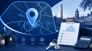Mortgage Adviser in Swadlincote hero image featuring a stylised local map with location pin, property icon, mortgage checklist, house keys and calculator in dark blue and light blue branding.