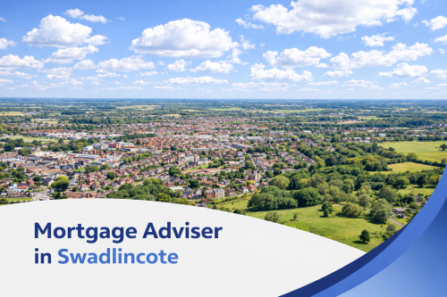 Mortgage adviser in Swadlincote promotional banner showing a bright summer aerial view of the town with green countryside, residential areas, and realistic clouds above, with a curved blue and white graphic overlay at the bottom.