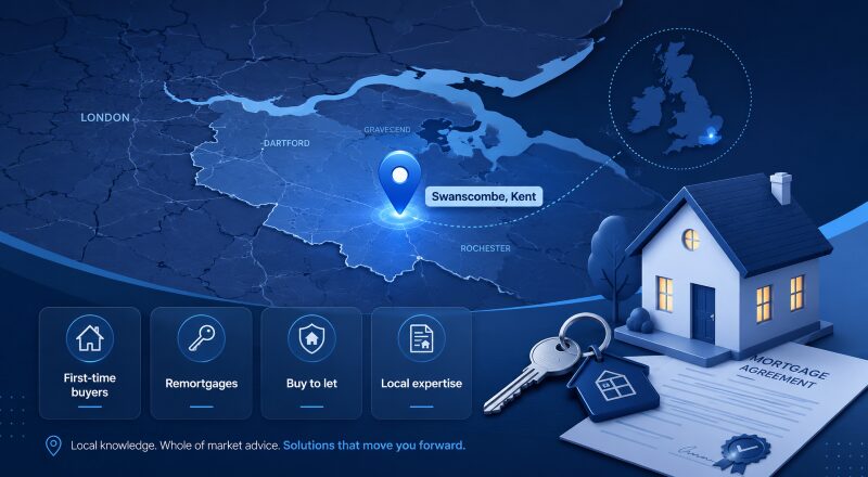 Mortgage Adviser in Swanscombe with a location map highlighting Swanscombe, Kent, alongside mortgage and home-buying icons.
