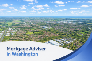 Bright summer aerial view of Washington, UK, under clear blue skies with green residential areas and business parks, featuring a curved white and blue banner at the bottom with the text “Mortgage Adviser in Washington”.