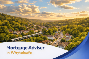 A bright summer aerial view of Whyteleafe surrounded by green hills and woodland, with a commuter train passing through a residential valley of houses and a winding road under a blue sky with soft clouds. A curved white and blue banner at the bottom displays the text “Mortgage Adviser in Whyteleafe”.