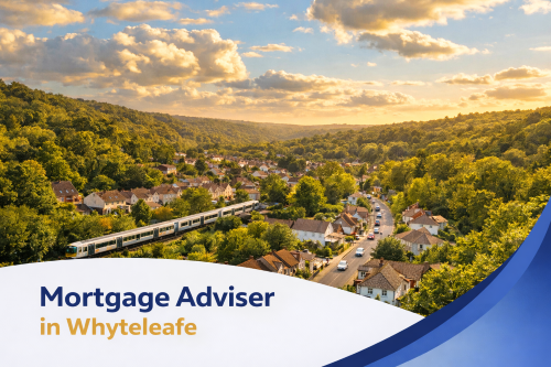 A bright summer aerial view of Whyteleafe surrounded by green hills and woodland, with a commuter train passing through a residential valley of houses and a winding road under a blue sky with soft clouds. A curved white and blue banner at the bottom displays the text “Mortgage Adviser in Whyteleafe”.