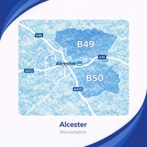 A square, blue-themed postcode map of Alcester in Warwickshire, styled with curved branded borders. The map highlights postcode areas B49 and B50. Major roads such as the A46, A422, and A435 are labelled. Alcester town centre and station are marked near the middle. The design uses layered blue tones with white text and clean boundary lines for clarity.