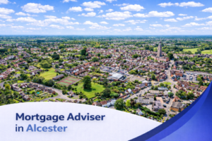 Mortgage adviser in Alcester promotional banner featuring a bright summer aerial view of a historic town with red brick homes, green open spaces, and surrounding countryside under a clear blue sky with realistic scattered clouds, complemented by a clean curved blue and white graphic overlay with the title text.