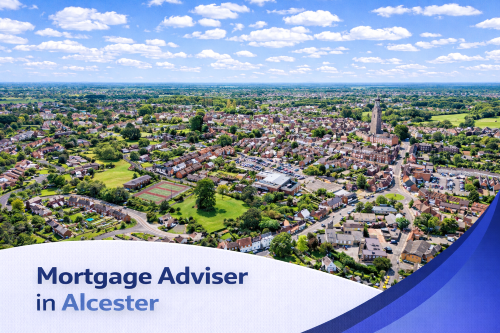 Mortgage adviser in Alcester promotional banner featuring a bright summer aerial view of a historic town with red brick homes, green open spaces, and surrounding countryside under a clear blue sky with realistic scattered clouds, complemented by a clean curved blue and white graphic overlay with the title text.
