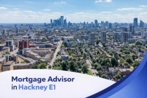 Mortgage advisor in Hackney E1 promotional banner featuring a bright summer aerial view of residential streets, green park spaces, and the London skyline under a clear blue sky with realistic scattered clouds, finished with a clean curved blue and white graphic overlay at the bottom.