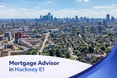 Mortgage advisor in Hackney E1 promotional banner featuring a bright summer aerial view of residential streets, green park spaces, and the London skyline under a clear blue sky with realistic scattered clouds, finished with a clean curved blue and white graphic overlay at the bottom.