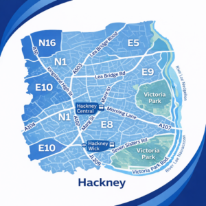 A square, blue-themed postcode map of Hackney in London, styled with curved branded borders. The map highlights postcode areas including E5, E8, E9, N1, N16, and E10. Major roads such as Lea Bridge Road, Mare Street, Kingsland High Street, and Seven Sisters Road are labelled. Hackney Central and Hackney Wick stations are marked near the centre, while Victoria Park and the River Lea Navigation appear on the right in green and light blue. The design uses layered blue tones with white text and clean boundary lines for clarity.