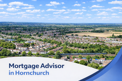 A bright summer aerial view of Hornchurch showing rows of suburban houses, tree-lined streets, railway lines and a sports track surrounded by green spaces under a blue sky with scattered clouds. A curved white and blue banner at the bottom displays the text “Mortgage Advisor in Hornchurch”.