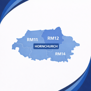 map in blue tones showing Hornchurch in Essex with postcode districts RM11, RM12 and RM14. Each postcode area is outlined with white internal borders and darker blue outer edges, labelled in white text. The word “Hornchurch” appears prominently across the centre of the map. The background features curved layered blue branding elements in the corners, with no surrounding towns or additional geographic detail shown.