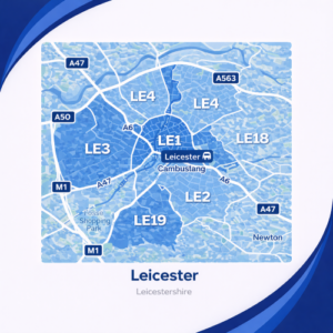 A square, blue-themed postcode map of Leicester in Leicestershire, styled with curved branded borders. The map highlights postcode areas including LE1, LE2, LE3, LE4, LE18, and LE19. Major roads such as the A6, A47, A50, A563, and M1 are labelled. Leicester city centre and station are marked near the middle, with Fosse Shopping Park shown to the west. The design uses layered blue tones with white text and clean boundary lines for clarity.